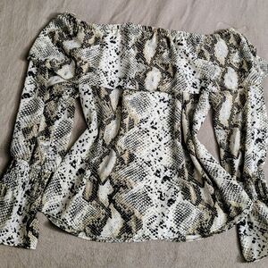 Moa Moa Beige and Black Snake Print Off-Shoulder Blouse